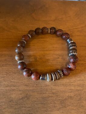 Earthy Beaded Stretch Bracelet - Red Brown Wood Accents